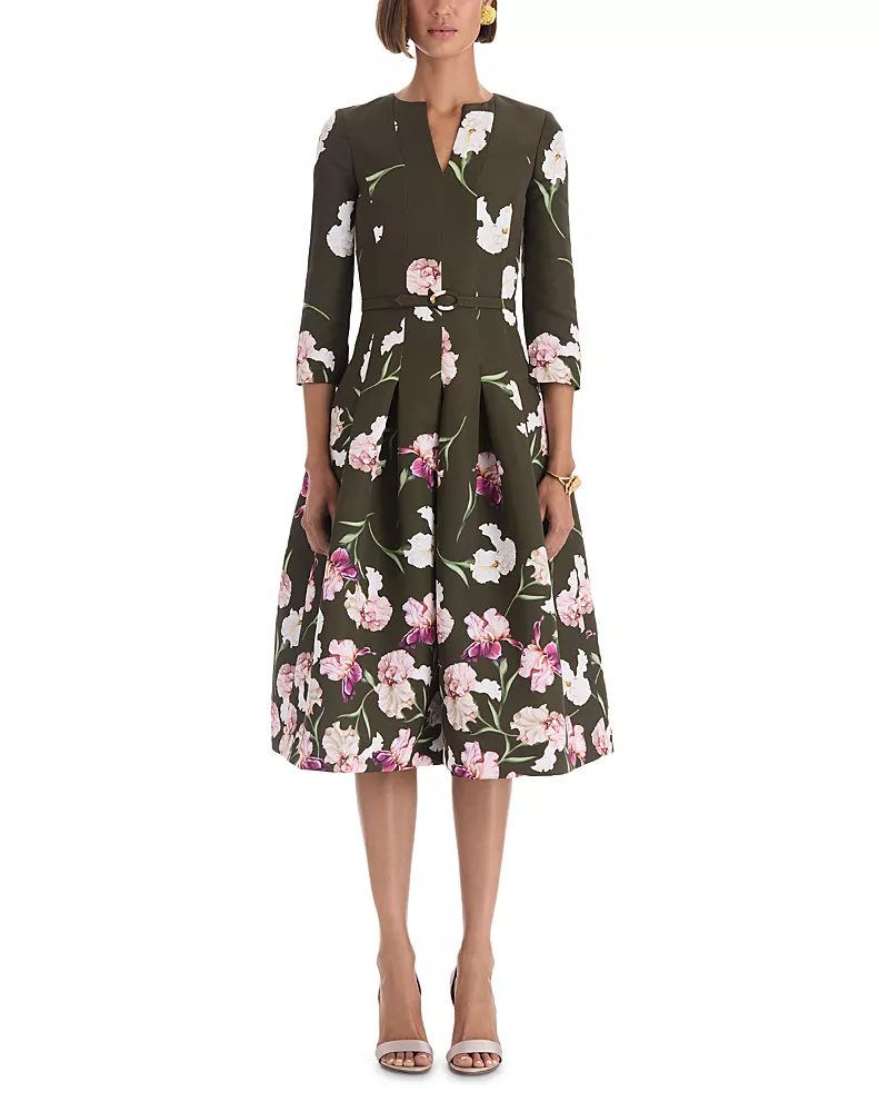Oscar de la Renta Painted Iris Belted Midi Dress