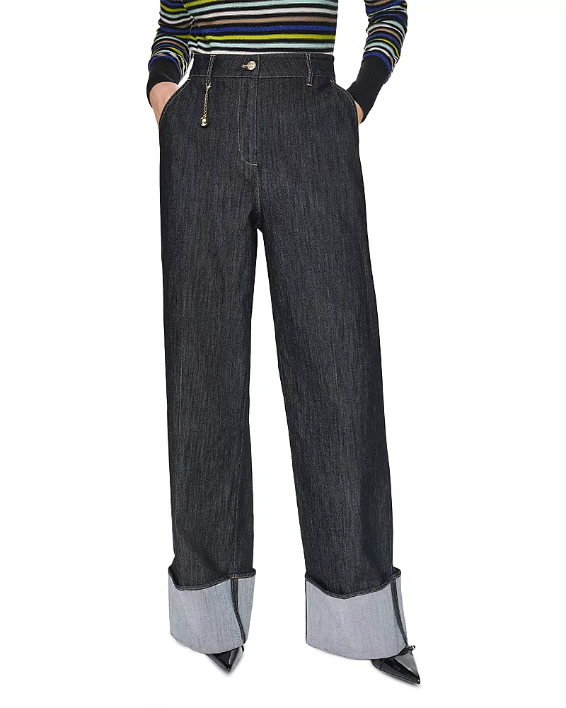 Sonia Rykiel High Rise Cuffed Wide Leg Jeans in Black