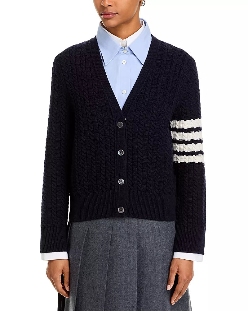 Thom Browne Anchor Intarsia Cable Stitch V Neck Cardigan