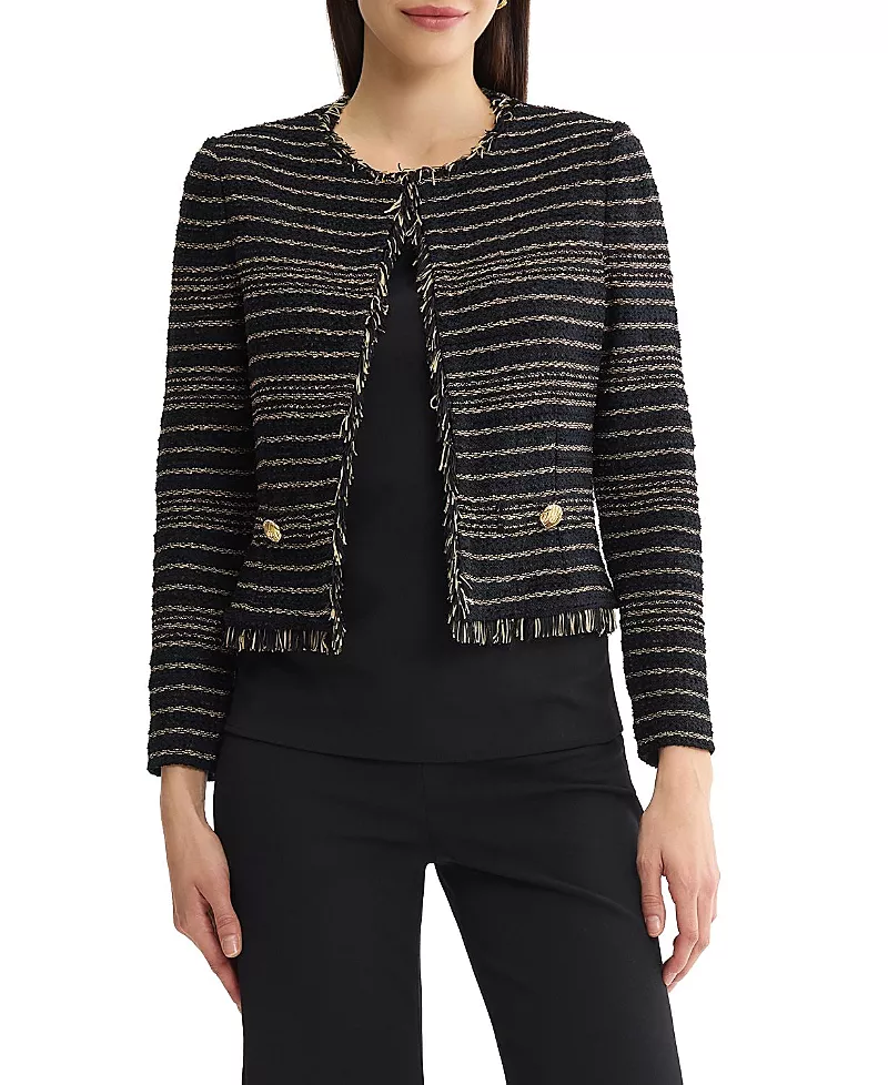 Ming Wang Plus Striped Lurex Tweed Knit Jacket