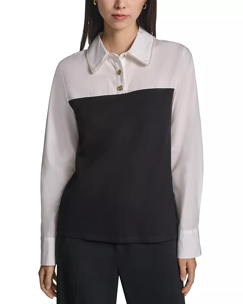 Karl Lagerfeld Paris Mixed Media Collared Sweater