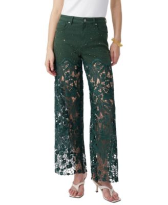  Embroidery High Rise Wide Leg Lace Jeans with Rhinestone in Evergren