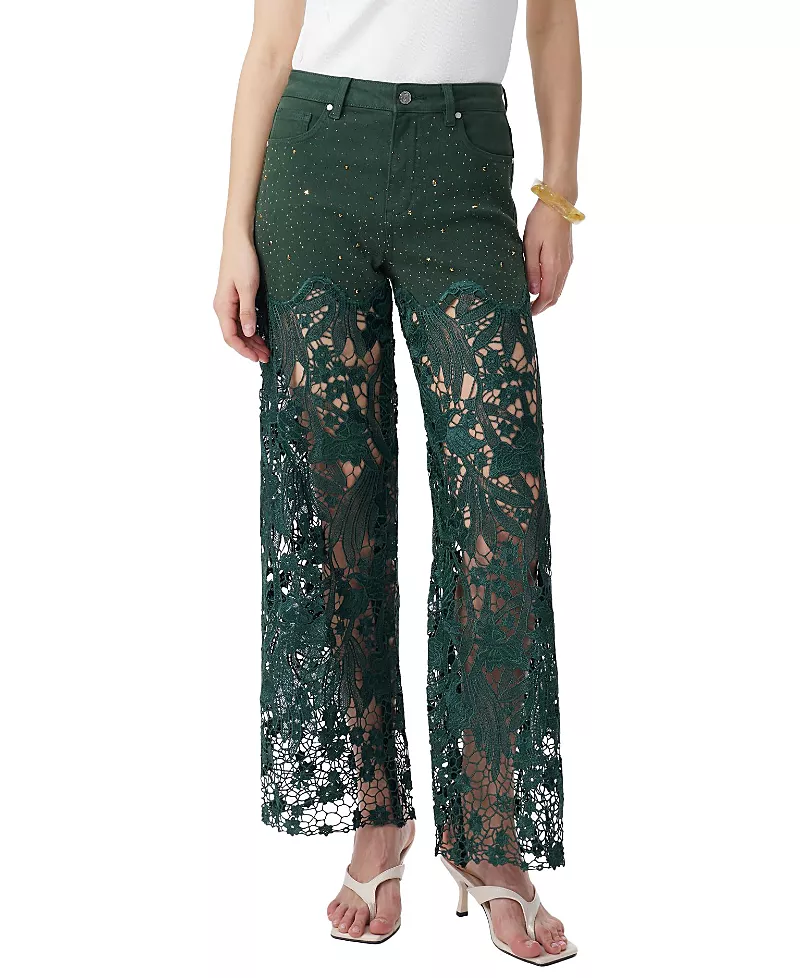 Bayeas Embroidery High Rise Wide Leg Lace Jeans with Rhinestone in Evergren