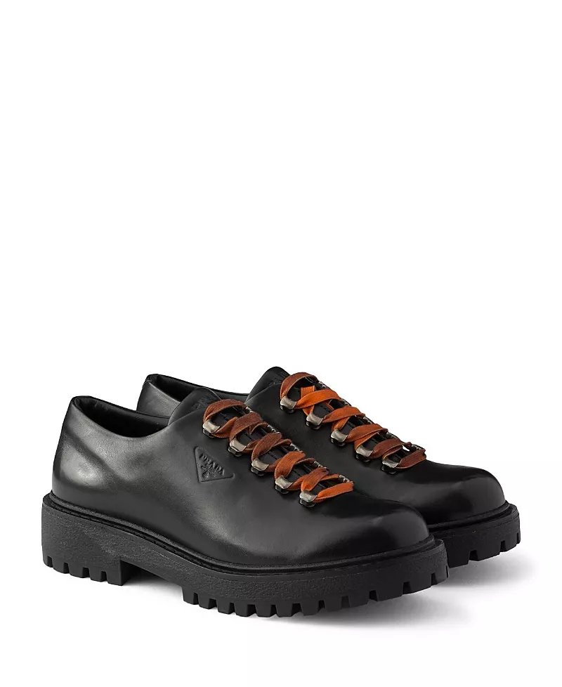 Prada Men's Aged Leather Lace-Up Shoes