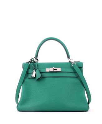 Kelly 28 Handbag Green Clemence with Palladium Hardware