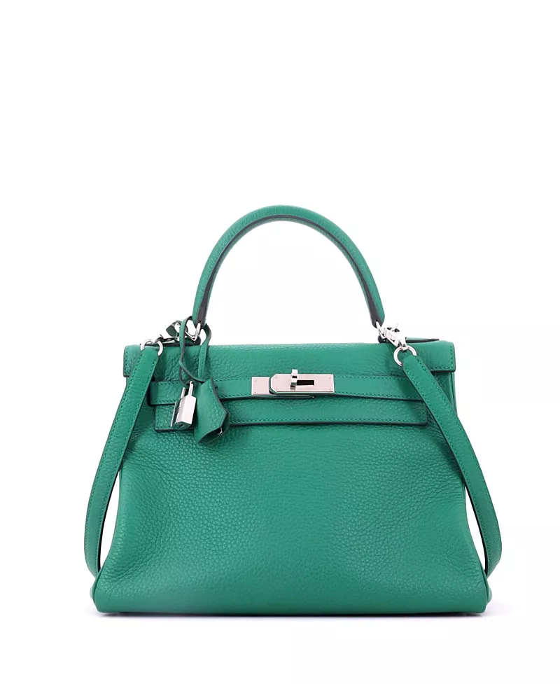 Pre-Owned HERMES Kelly 28 Handbag Green Clemence with Palladium Hardware