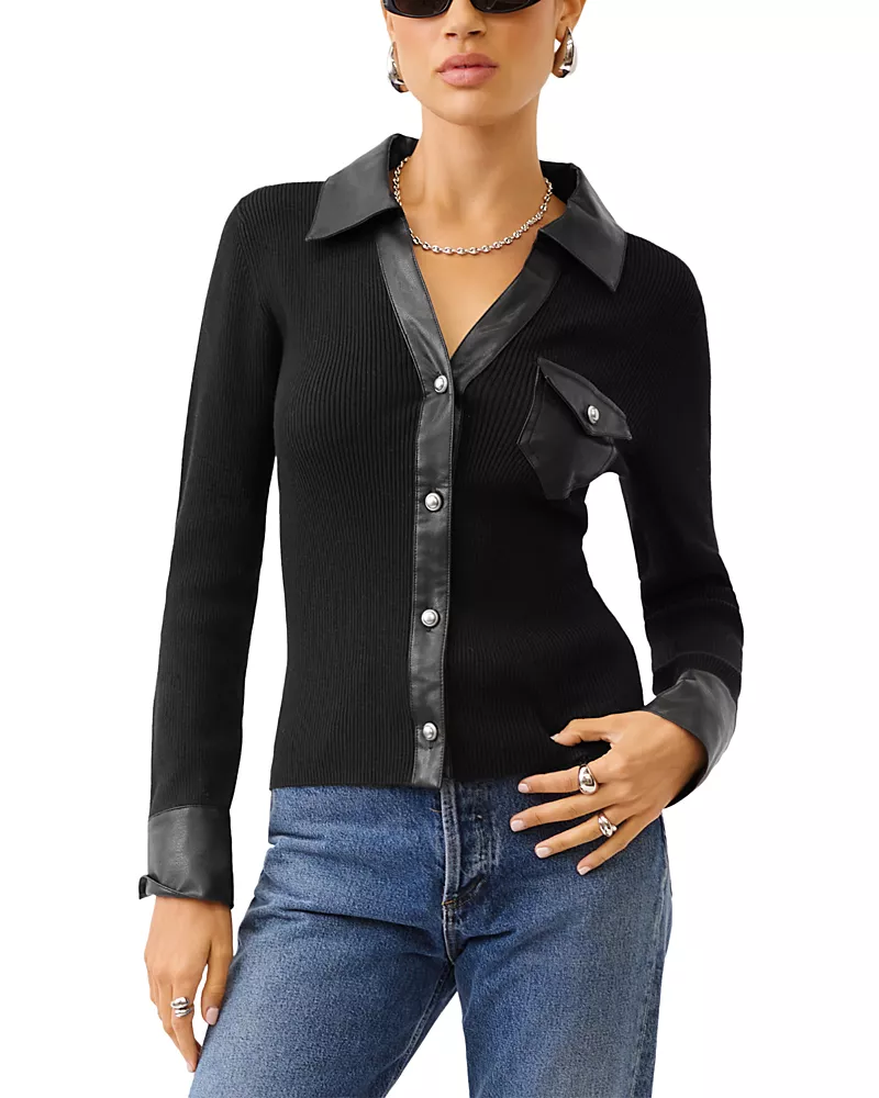 Fifteen Twenty Isabella Faux Leather Trim Collared Top