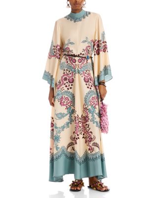 Magnifico Tie Neck Floral Scalloped Silk Dress