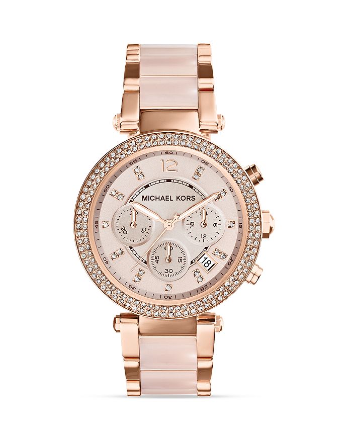 Shop Michael Kors Blush Acetate And Rose Gold Tone Parker Glitz Watch, 39mm In Rose/pink
