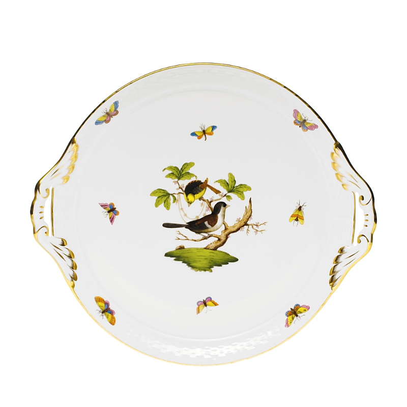 Herend Rothschild Bird Round Tray With Handles In Motif