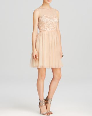 AQUA - Dress - Illusion Neck Sequin Bodice Fit and Flare - Exclusive