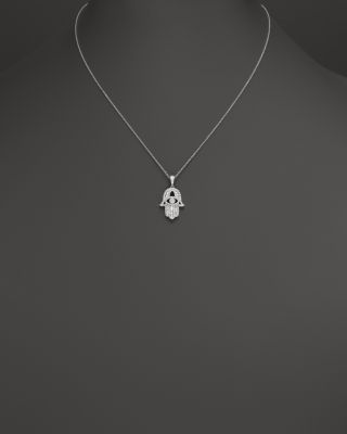 Diamond and Baguette Hamsa Pendant Necklace in 14K White Gold, 0.55 tcw&amp;nbsp;