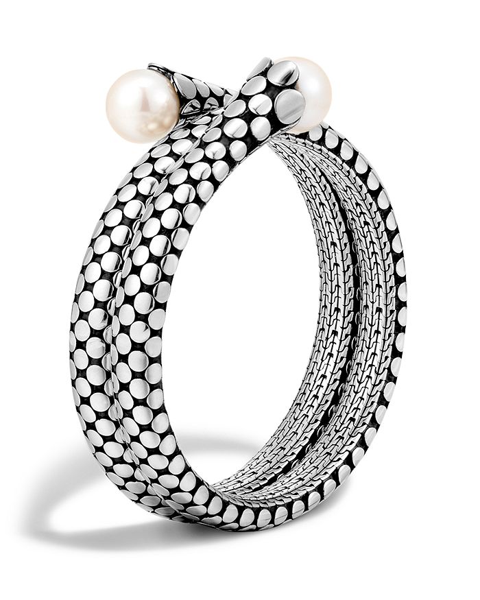 John Hardy Dot Sterling Silver Double Coil Bracelet With Cultured Freshwater Pearls In White/silver