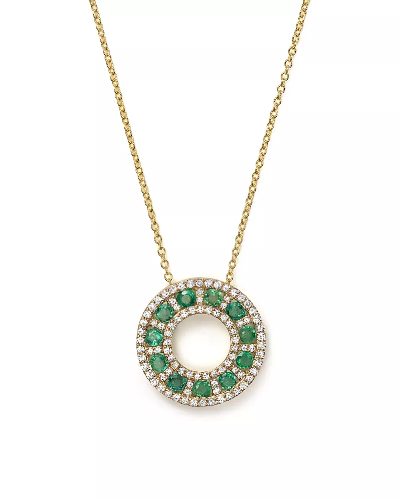 Emerald and Diamond Circle Pendant Necklace in 14K Yellow Gold, 17