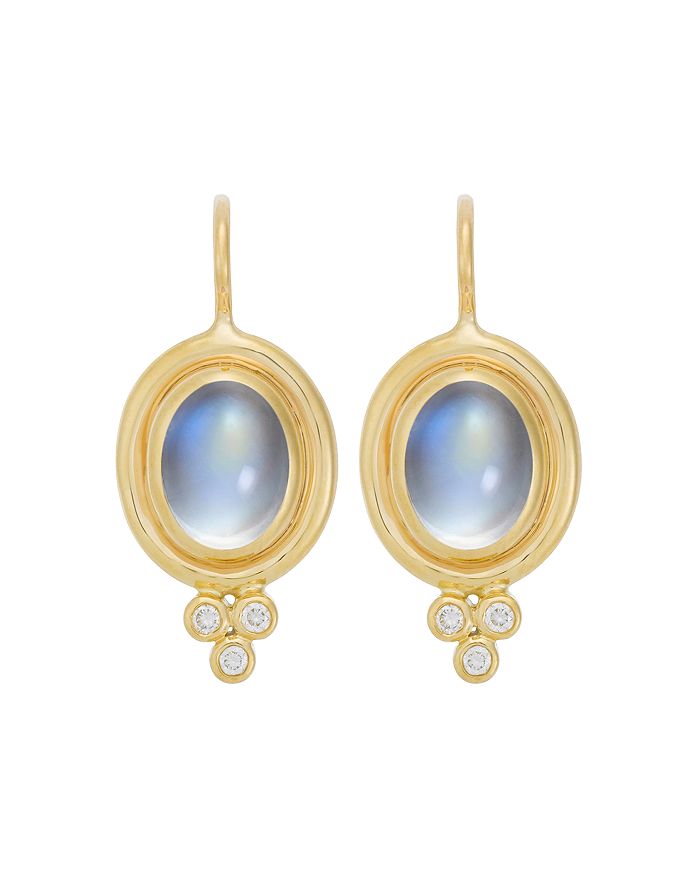 Shop Temple St Clair 18k Yellow Gold Small Classic Oval Earrings With Blue Moonstone & Diamonds In Blue/gold