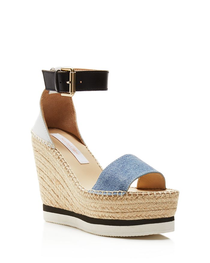 See by Chloé Glyn Denim Espadrille Wedge Ankle Strap Sandals ...