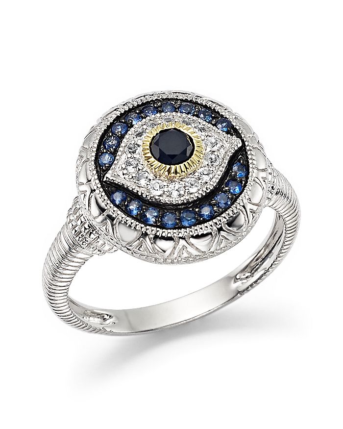 Judith Ripka Evil Eye Ring With White, Black And Blue Sapphire In Black/silver