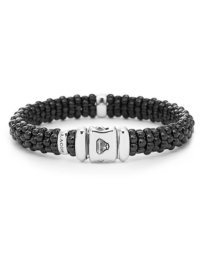 Shop Lagos Black Caviar Ceramic Bracelet With Sterling Silver And 1 Diamond Bar In White/black