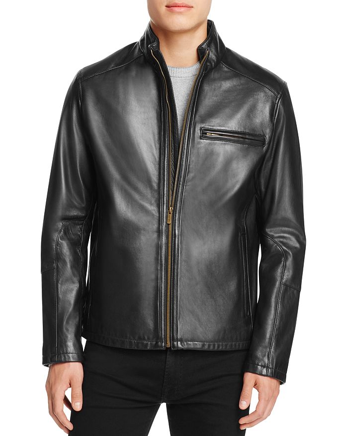 Shop Cole Haan Streamlined Moto Leather Jacket In Black