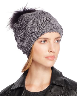 ECHO Asiatic Raccoon Fur Pom-Pom Cable-Knit Beanie Cable Knit Beanie Hat with Asiatic Raccoon Pom| Designer Hats main image 3