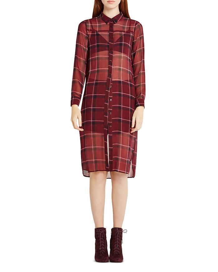 BCBGENERATION Sheer Plaid Longline Shirt Bloomingdale s