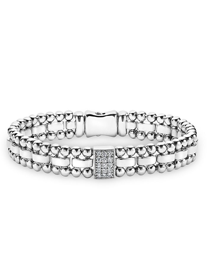 Shop Lagos Sterling Silver Caviar Spark Diamond Rectangle Link Bracelet In White/silver