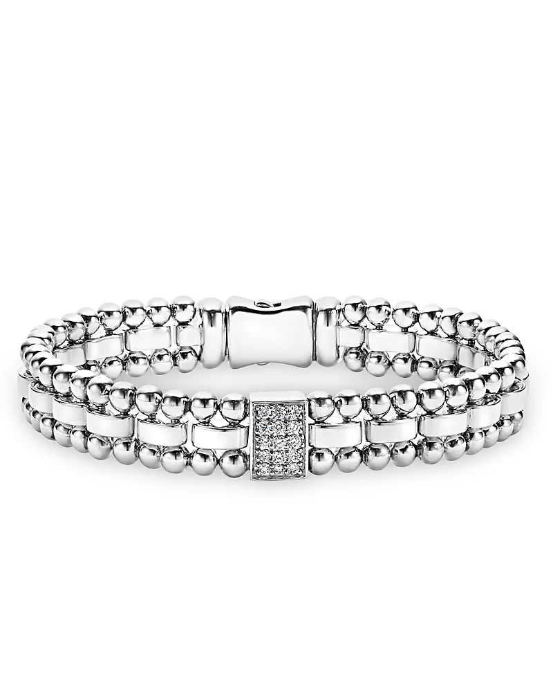 Lagos Sterling Silver Caviar Spark Diamond Rectangle Link Bracelet
