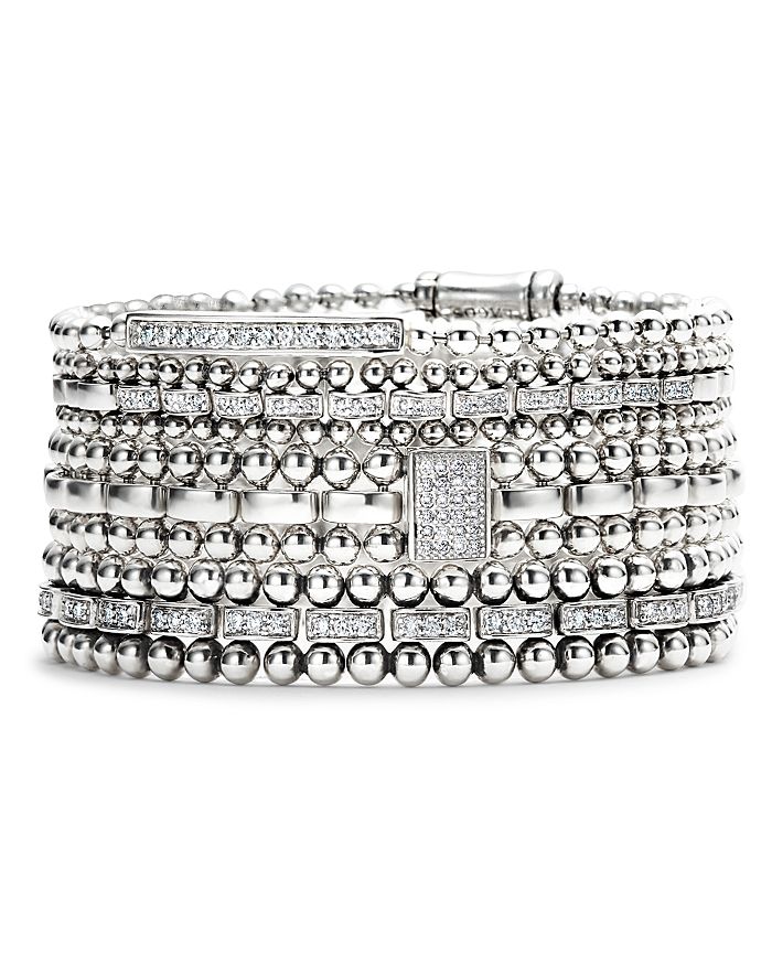 Shop Lagos Sterling Silver Caviar Spark Diamond Bar Chain Bracelet In White/silver