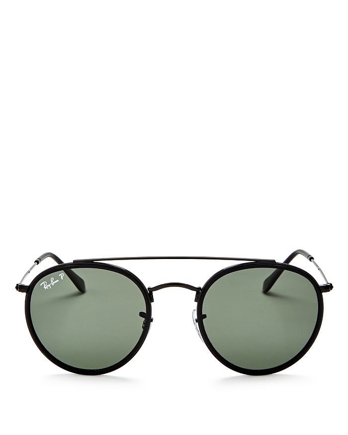 Shop Ray Ban Ray-ban Polarized Brow Bar Round Sunglasses, 51mm In Black/green Solid