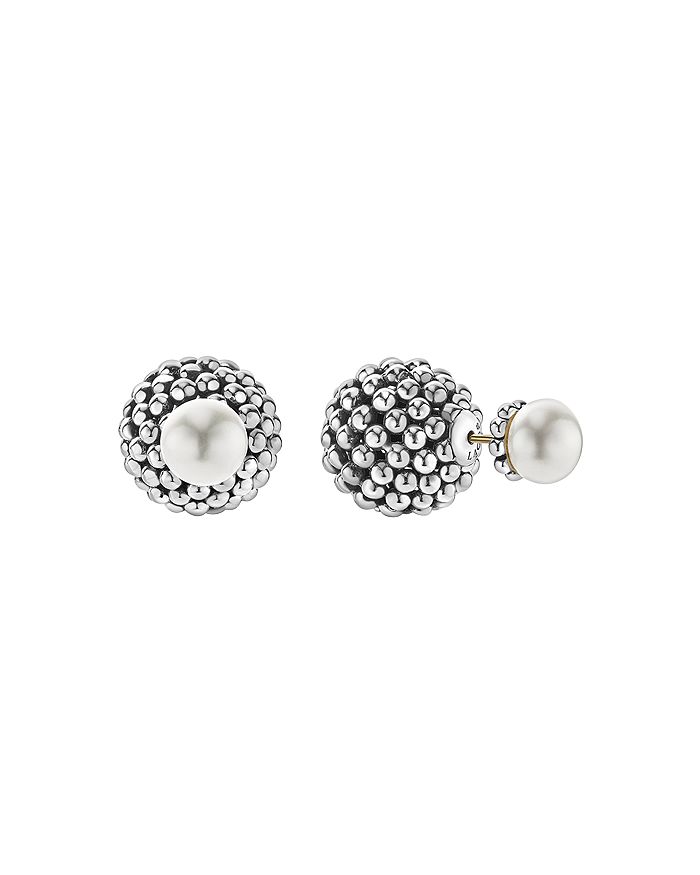 Shop Lagos Sterling Silver Signature Caviar Cultured Freshwater Pearl Front-back Earrings In White/silver