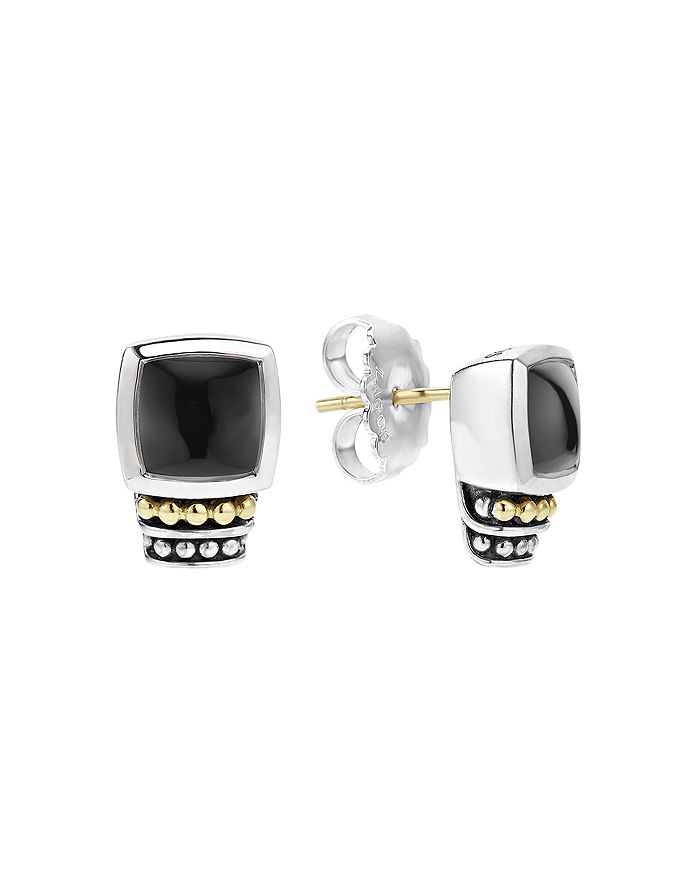 LAGOS 18K GOLD AND STERLING SILVER CAVIAR COLOR ONYX STUD EARRINGS,01-81516-OXX