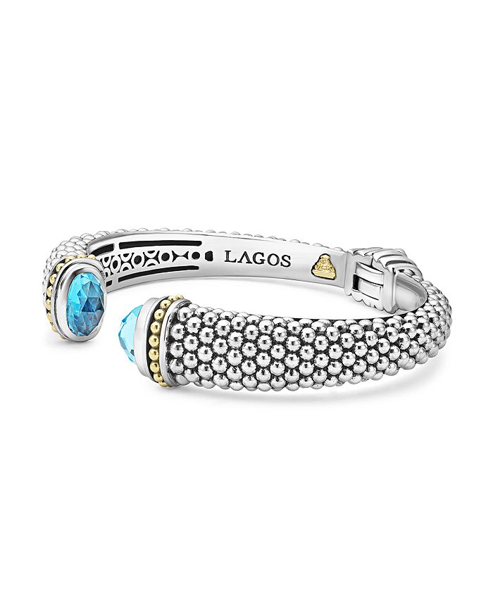 Shop Lagos 18k Gold And Sterling Silver Caviar Color Blue Topaz Cuff, 12mm In Blue/silver