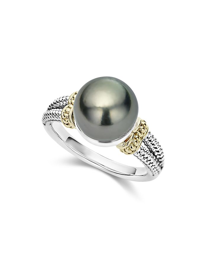LAGOS 18K GOLD AND STERLING SILVER LUNA CULTURED TAHITIAN PEARL RING,02-80576-MB7
