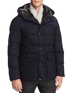 Cole Haan Flannel Down Hooded Jacket In Navy