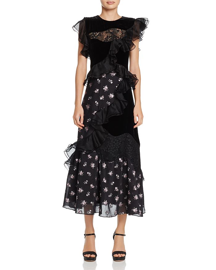 Rebecca Taylor Floral Jacquard & Velvet Mixed Midi Dress | Bloomingdale's