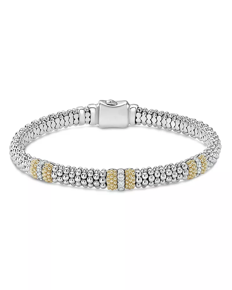 Lagos 18K Gold & Sterling Silver Diamond Lux Three Station Bracelet, 6mm