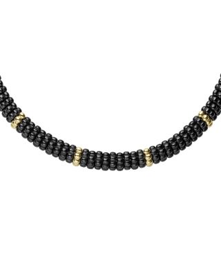 Gold & Black Caviar Collection 18K Gold & Ceramic Twelve Station Collar Necklace, 16"