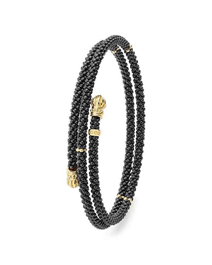 Shop Lagos Gold & Black Caviar Collection 18k Gold & Ceramic Coil Bracelet In Black/gold