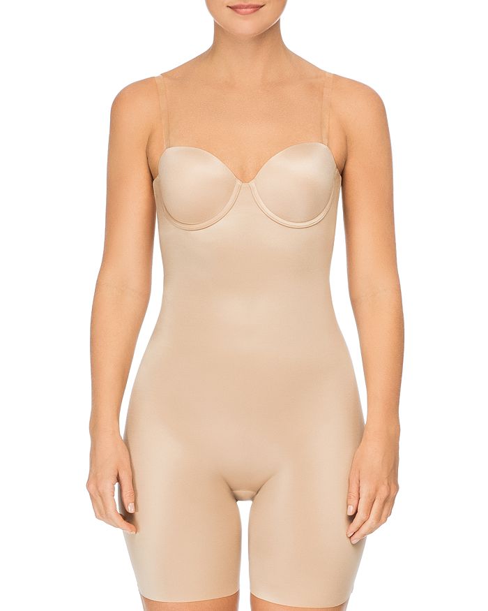 Suit Your Fancy Strapless Convertible Underwire Mid-thigh Bodysuit In  Champagne Beige