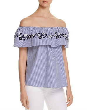 ALISON ANDREWS EMBROIDERED PINSTRIPE OFF-THE-SHOULDER TOP,AMW1973