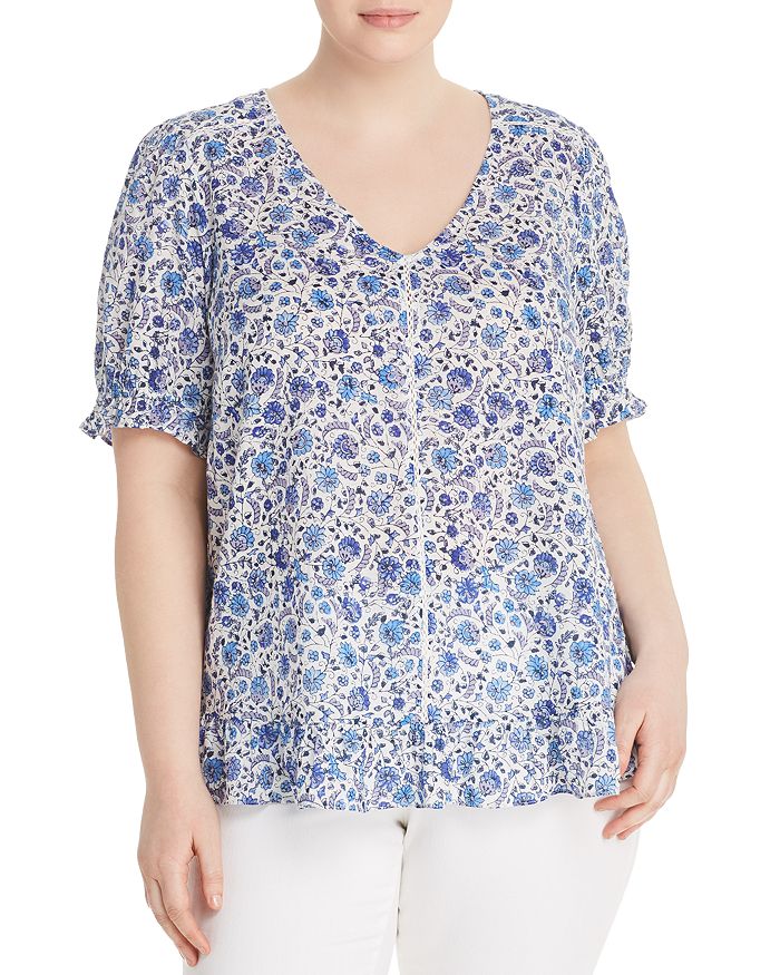 Lucky Brand Plus Ruffle-Trim Floral-Print Top | Bloomingdale's