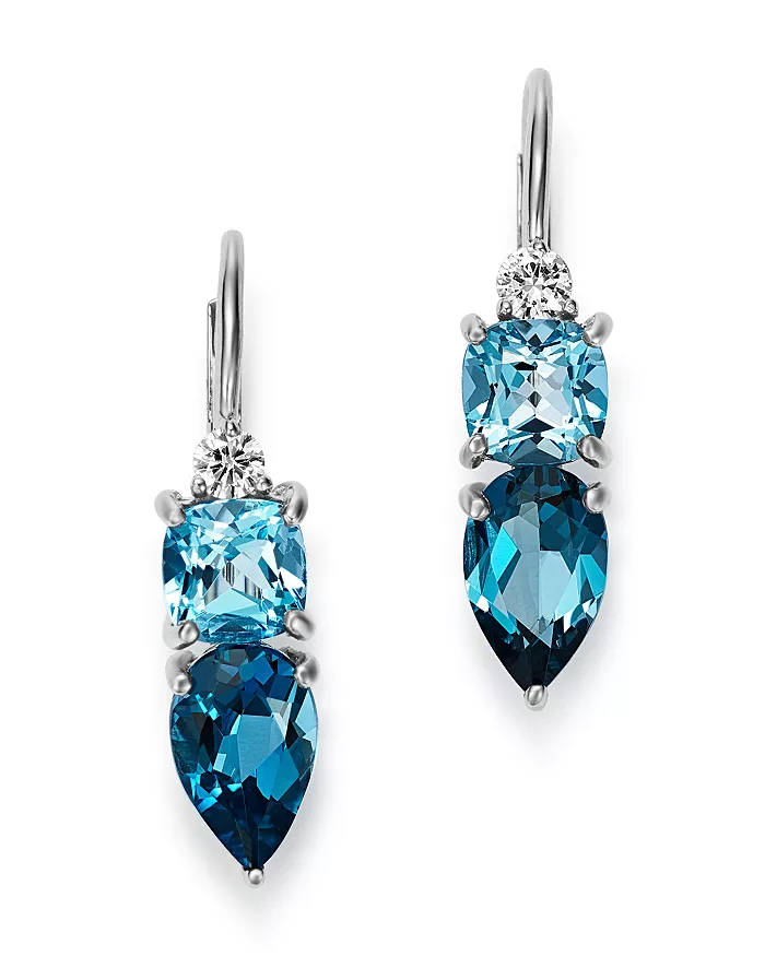 14K 화이트 골드 다이아몬드, 스위스 블루 토파즈 & 런던 블루 토파즈 드롭 이어링