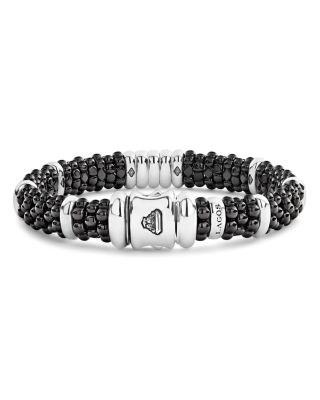 Sterling Silver Black Caviar Collection Pav&eacute; Diamond & Black Ceramic Station Bracelet