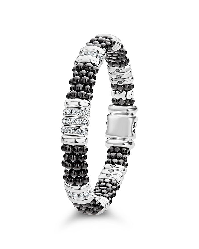 Shop Lagos Sterling Silver Black Caviar Diamond & Black Ceramic Station Bracelet In White/black