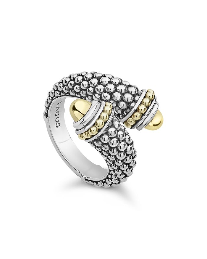 LAGOS 18K YELLOW GOLD & STERLING SILVER SIGNATURE CAVIAR CROSSOVER RING,03-80487-7