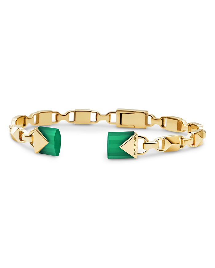 Michael Kors Mercer Link Semi-precious 14k Gold-plated Sterling Silver Center Back Hinged Cuff In Gold/emerald Dyed Agate