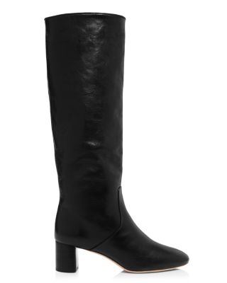 knee high black leather boots low heel
