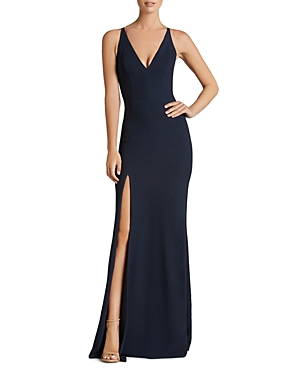 Dress The Population Iris Plunging Crepe Gown In Midnight Blue