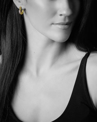 18K Yellow Gold Caviar Gold Pav&eacute; Diamond Hoop Earrings