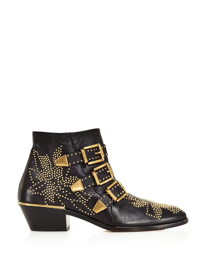 Shop Chloé Women's Susanna Pointed-toe Studded Booties In Black Gold Leather
